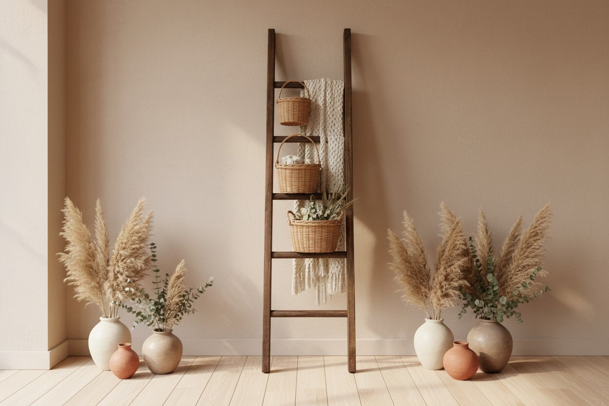 Hand crafted wooden blanket ladder with baskets