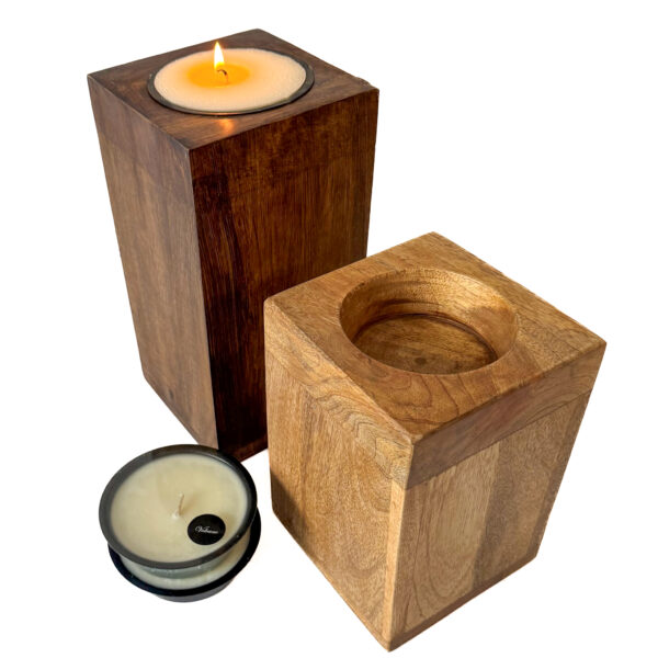 Mango Wood Pillar Trio with Candle Cup Option – Natural or Walnut Finish - Image 2