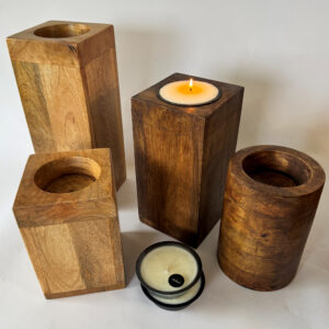 Mango Wood Pillar Trio with Candle Cup Option – Natural or Walnut Finish