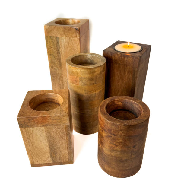 Mango Wood Pillar Trio with Candle Cup Option – Natural or Walnut Finish - Image 3