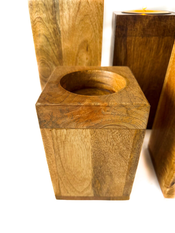 Mango Wood Pillar Trio with Candle Cup Option – Natural or Walnut Finish - Image 4