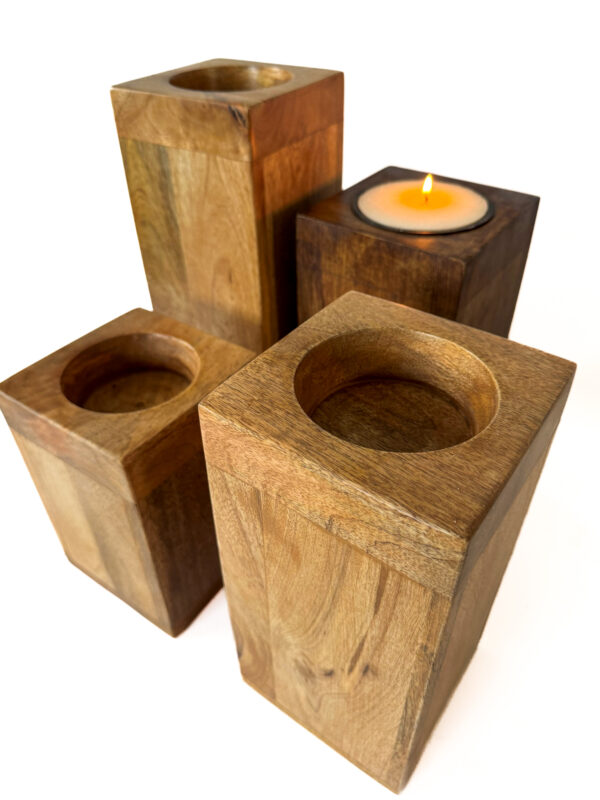 Mango Wood Pillar Trio with Candle Cup Option – Natural or Walnut Finish - Image 5