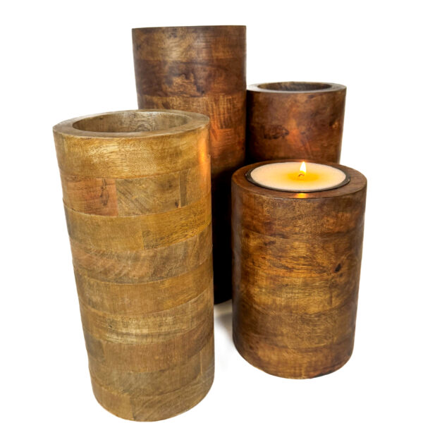 Mango Wood Pillar Trio with Candle Cup Option – Natural or Walnut Finish - Image 6
