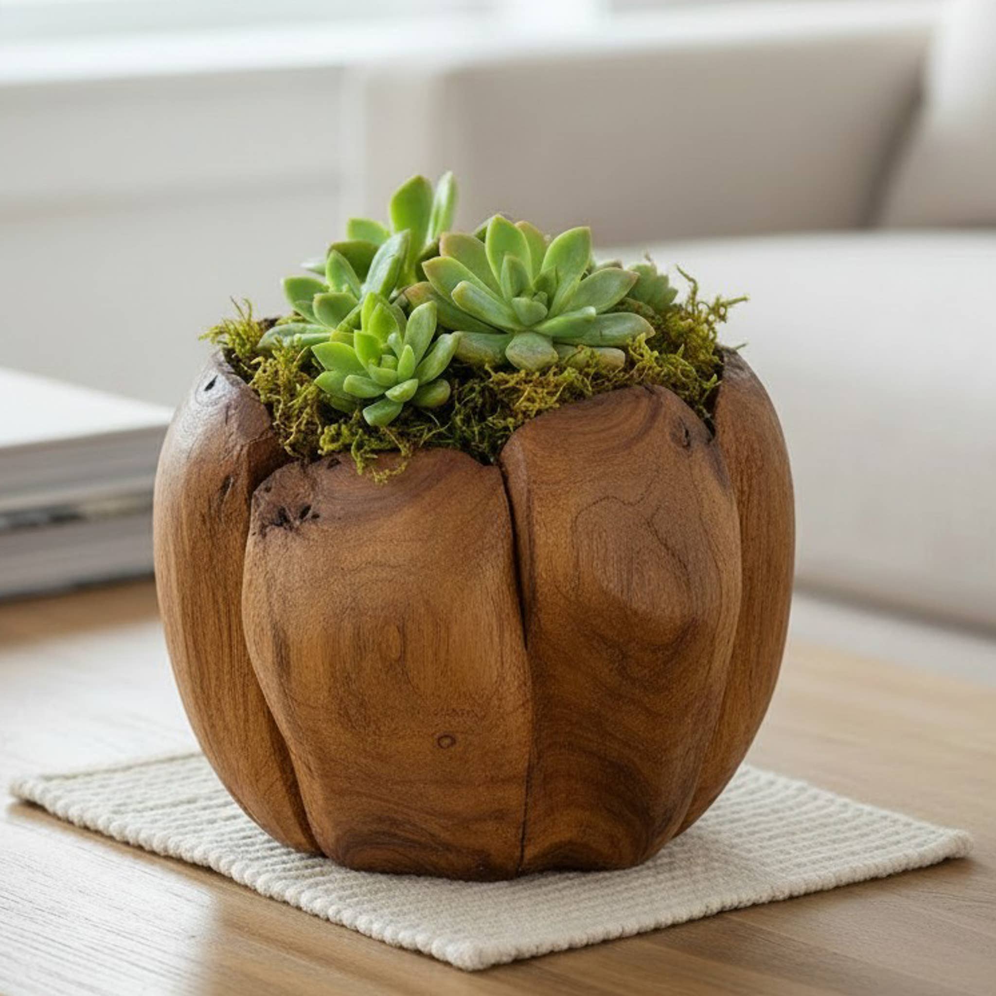 6" Lotus Teak Wood Planter - Image 2