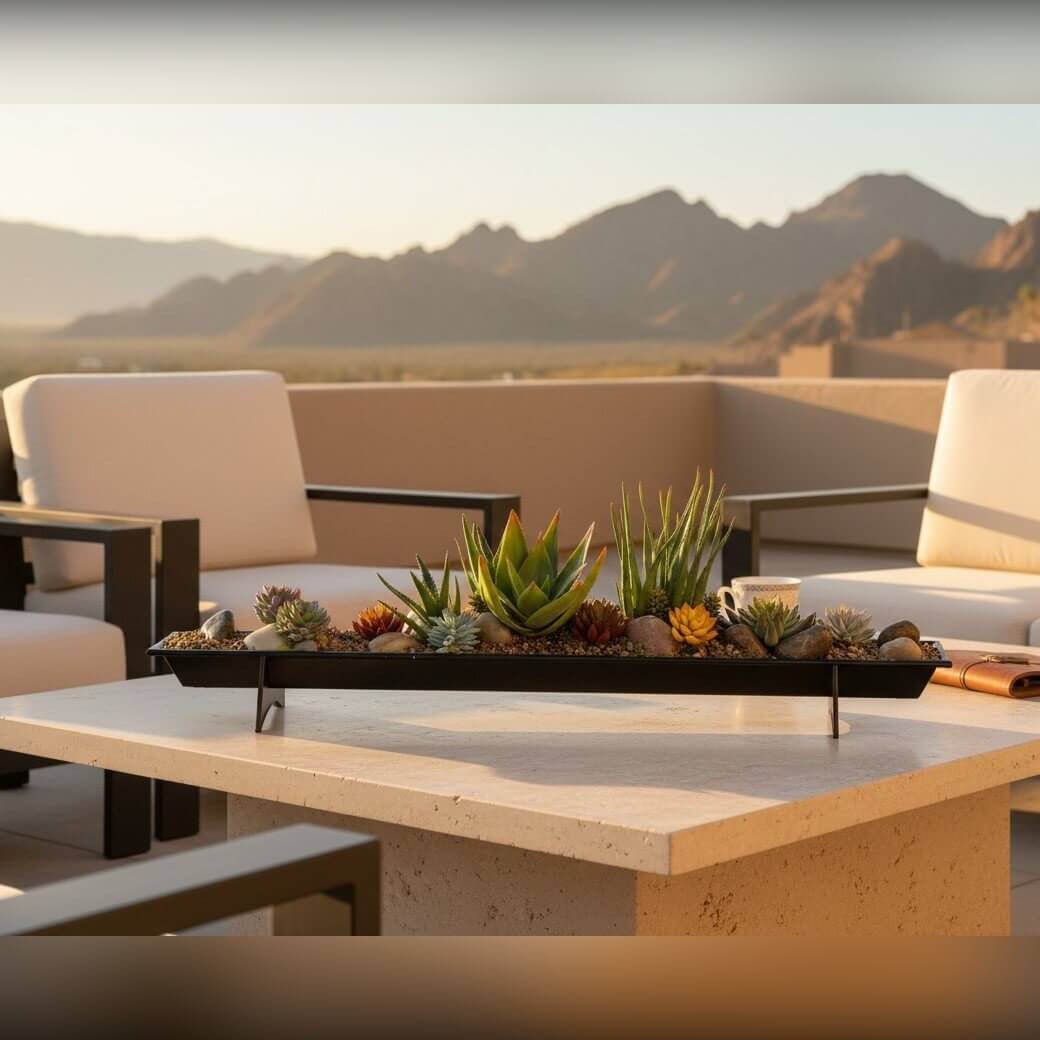 Preserved succulent trough arrangement on a desert patio table