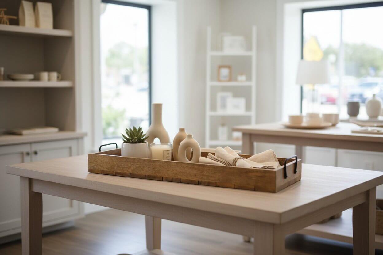 Mango wood tray styled on a boutique table
