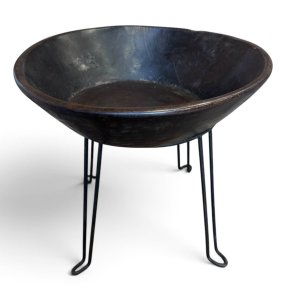 Hand-Carved Wood Bowl on Iron Stand – 14"