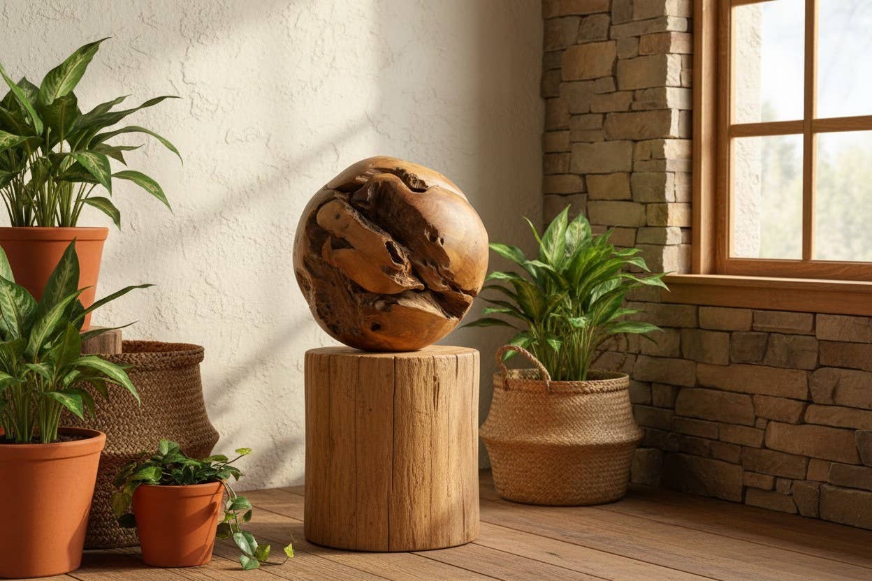 12" Teak Wood Sphere – Live Edge Accent - Image 6