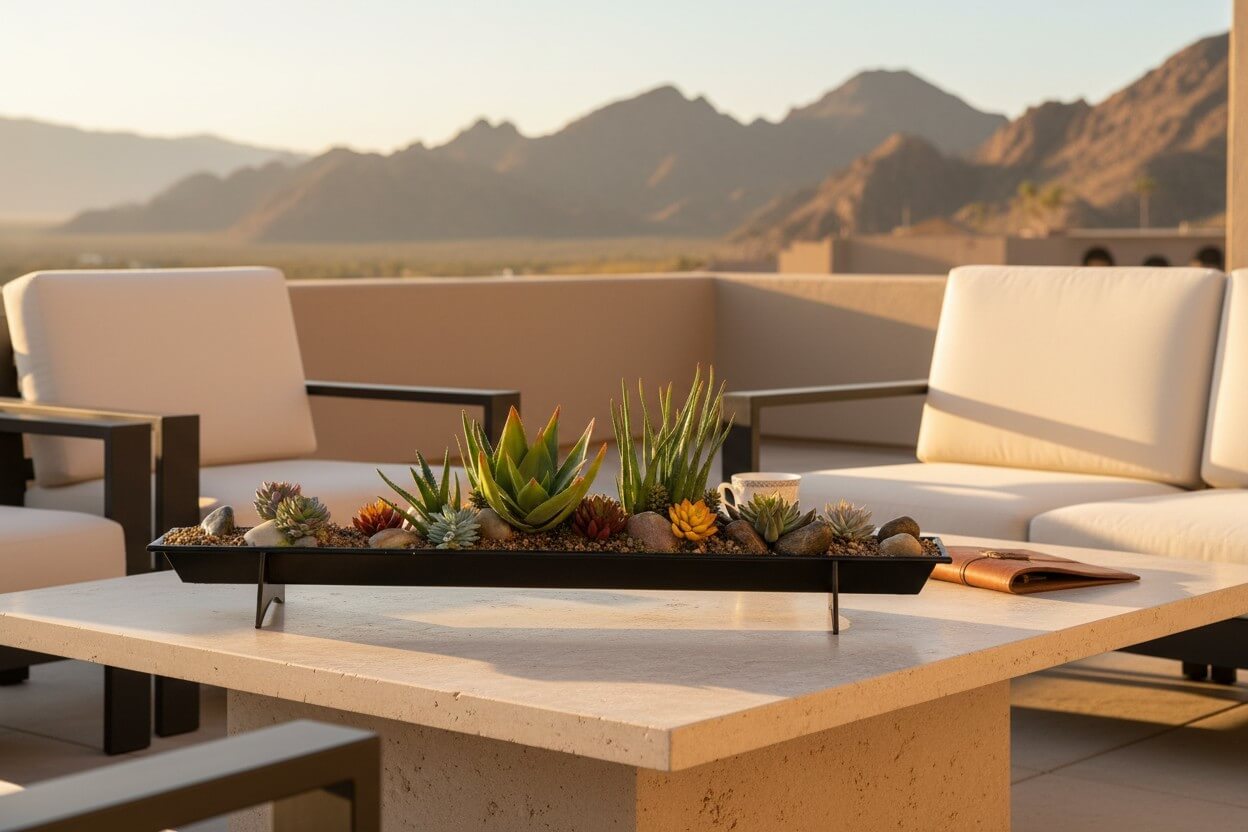 Preserved succulent trough arrangement on a desert patio table