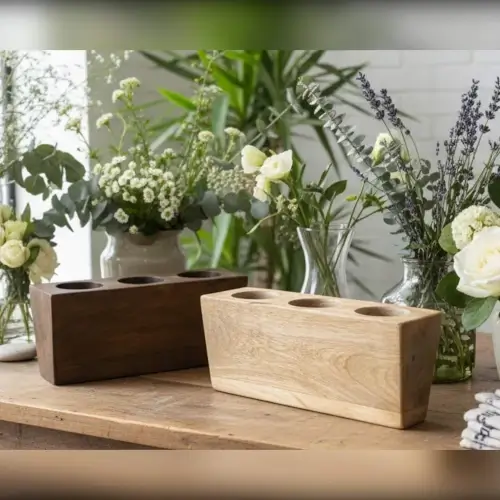 Walnut and natural mango wood 3-hole sugar molds styled with fresh florals