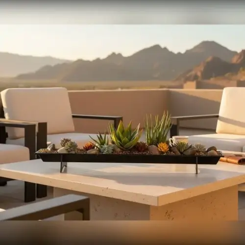 Preserved succulent trough arrangement on a desert patio table
